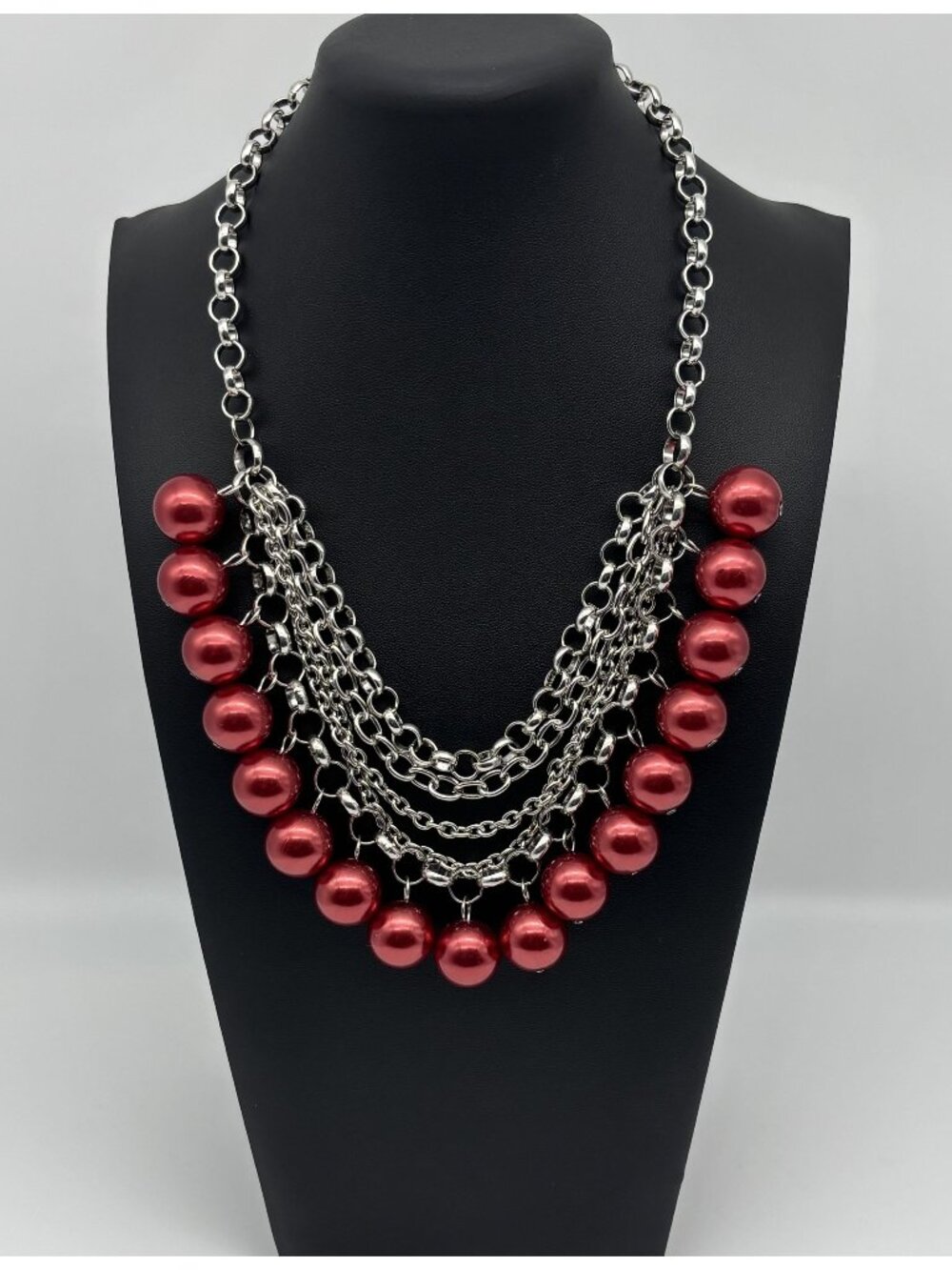 Paparazzi One Way Wall Street Necklace Red Beads Silver Tone Chain Adjustable
